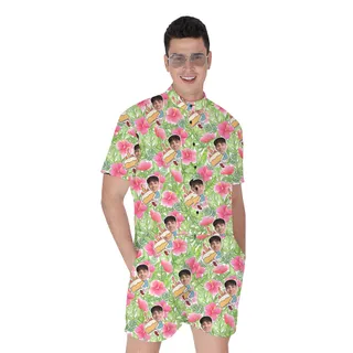 Custom Face Tropical Green Palm Hibiscus Birthday Hawaiian Men Romper