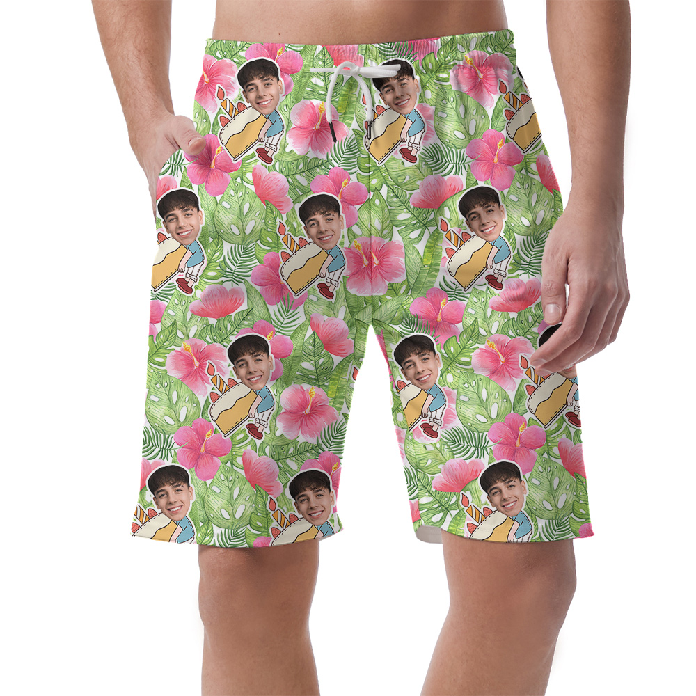 Custom Face Tropical Green Palm Hibiscus Birthday Hawaiian Men Short - variant image 1
