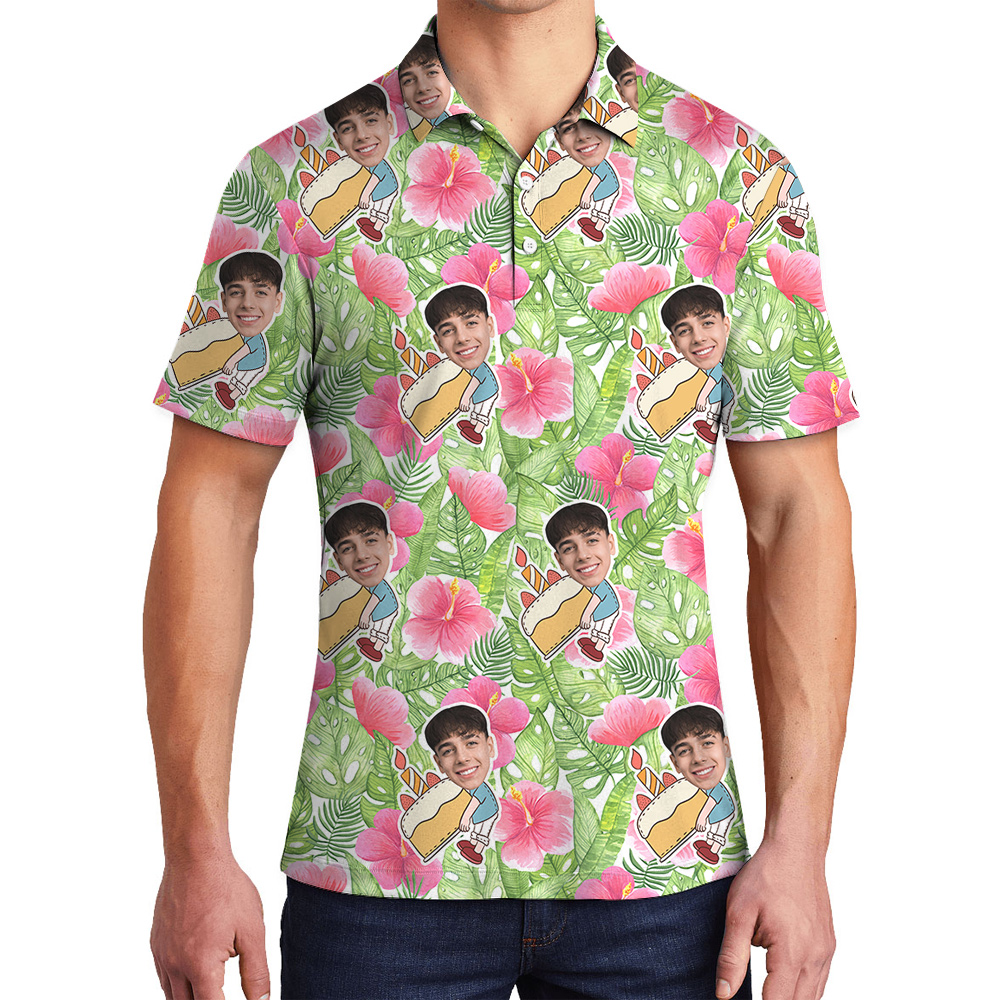 Custom Face Hibiscus on Green Palm Birthday Hawaiian Polo Shirt for Men - variant image 1