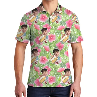 Custom Face Hibiscus on Green Palm Birthday Hawaiian Polo Shirt for Men