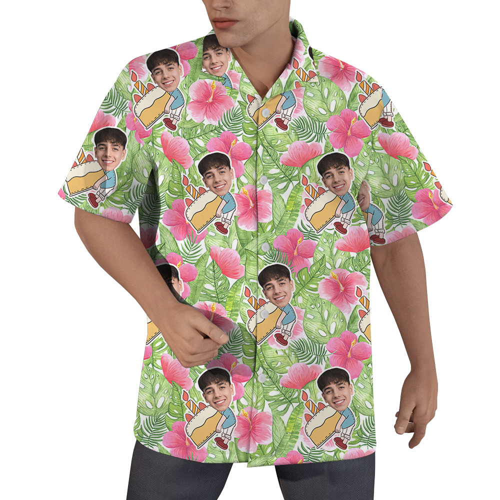 Custom Face Hibiscus on Green Palm Birthday Hawaiian Shirt for Men - variant image 1