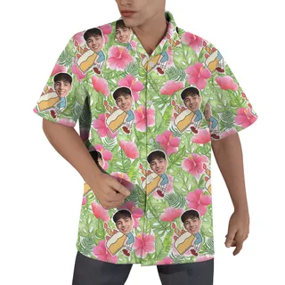 Custom Face Hibiscus on Green Palm Birthday Hawaiian Shirt for Men