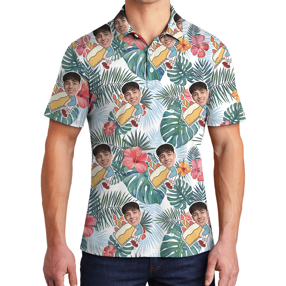 Infinity Blue Palm and Hibiscus Birthday Hawaiian Polo Men Shirt - variant image 1