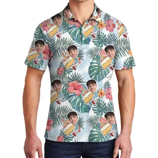 Infinity Blue Palm and Hibiscus Birthday Hawaiian Polo Men Shirt