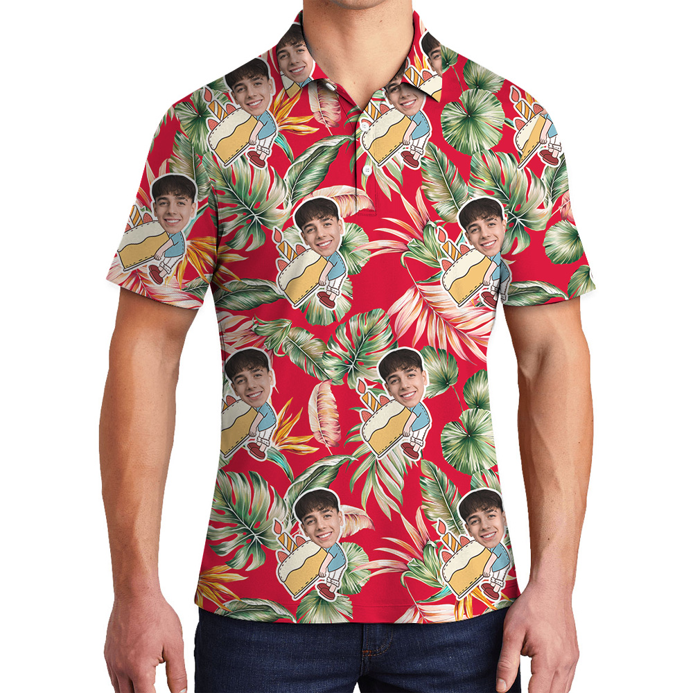 Custom Face and Age Red Birthday Hawaiian Polo Shirt for Men - variant image 1