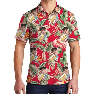 Custom Face and Age Red Birthday Hawaiian Polo Shirt for Men