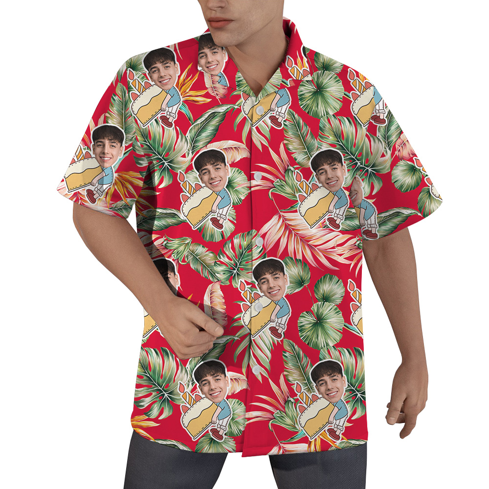Custom Face and Age Tropical Flavor Red Birthday Hawaiian Shirt for Men - variant image 1