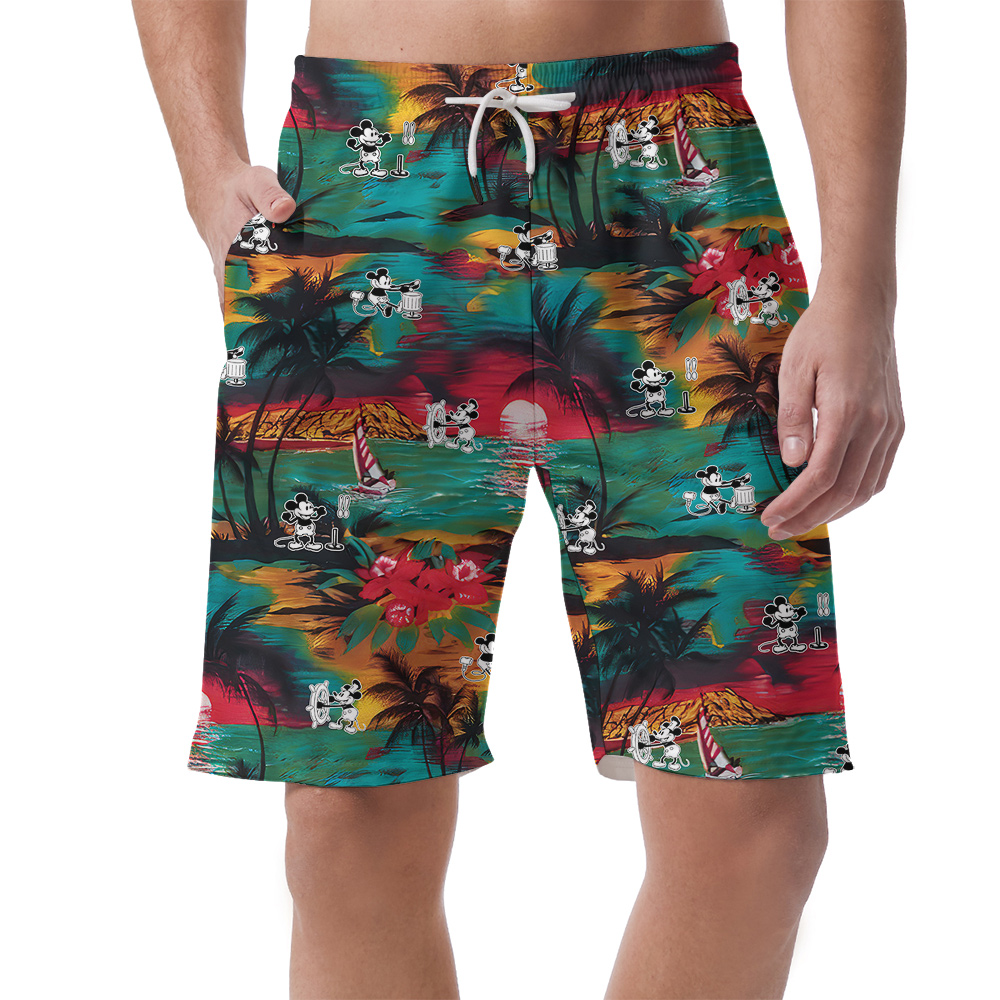 Funny Steamboat Willie Mickey Tropical Palm Trees Hawaiian Beach Shorts - variant image 1