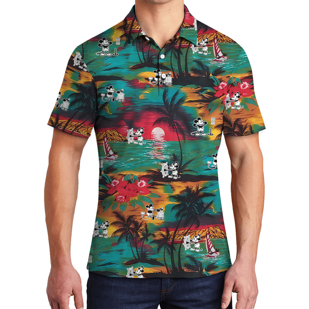 Tropical Beach Steamboat Willie Mickey Mouse Colorful Hawaiian Polo Shirt - variant image 1