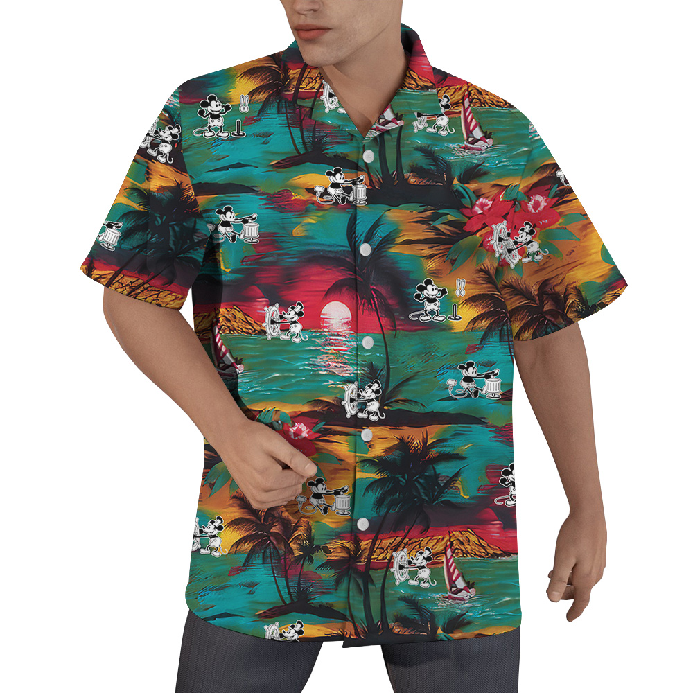 Cute Mickey Steamboat Willie Tropical Sunset Beach Hawaiian Shirt - variant image 1