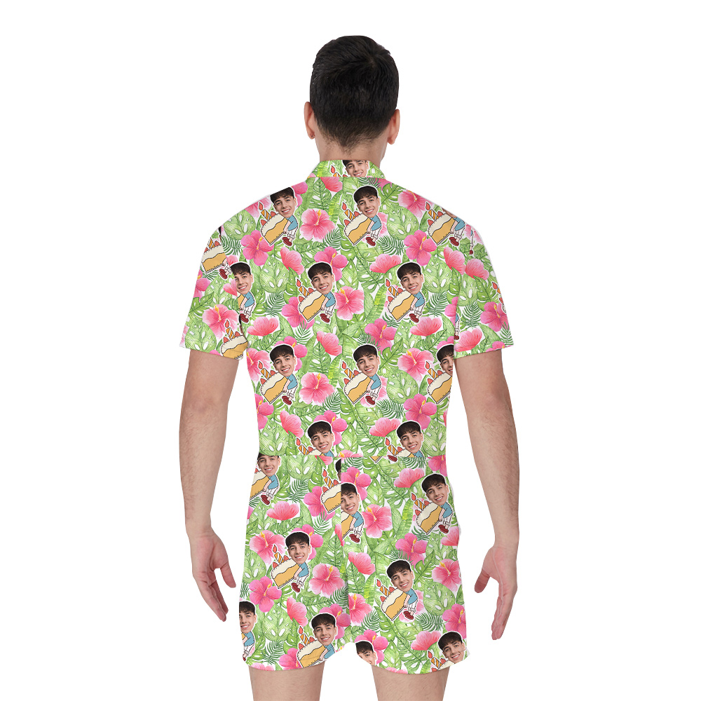Custom Face Tropical Green Palm Hibiscus Birthday Hawaiian Men Romper
