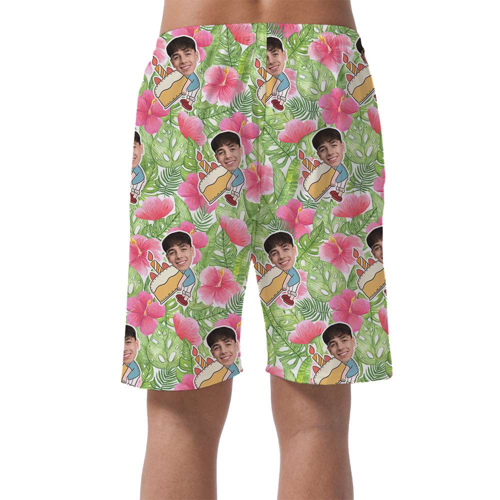 Custom Face Tropical Green Palm Hibiscus Birthday Hawaiian Men Short