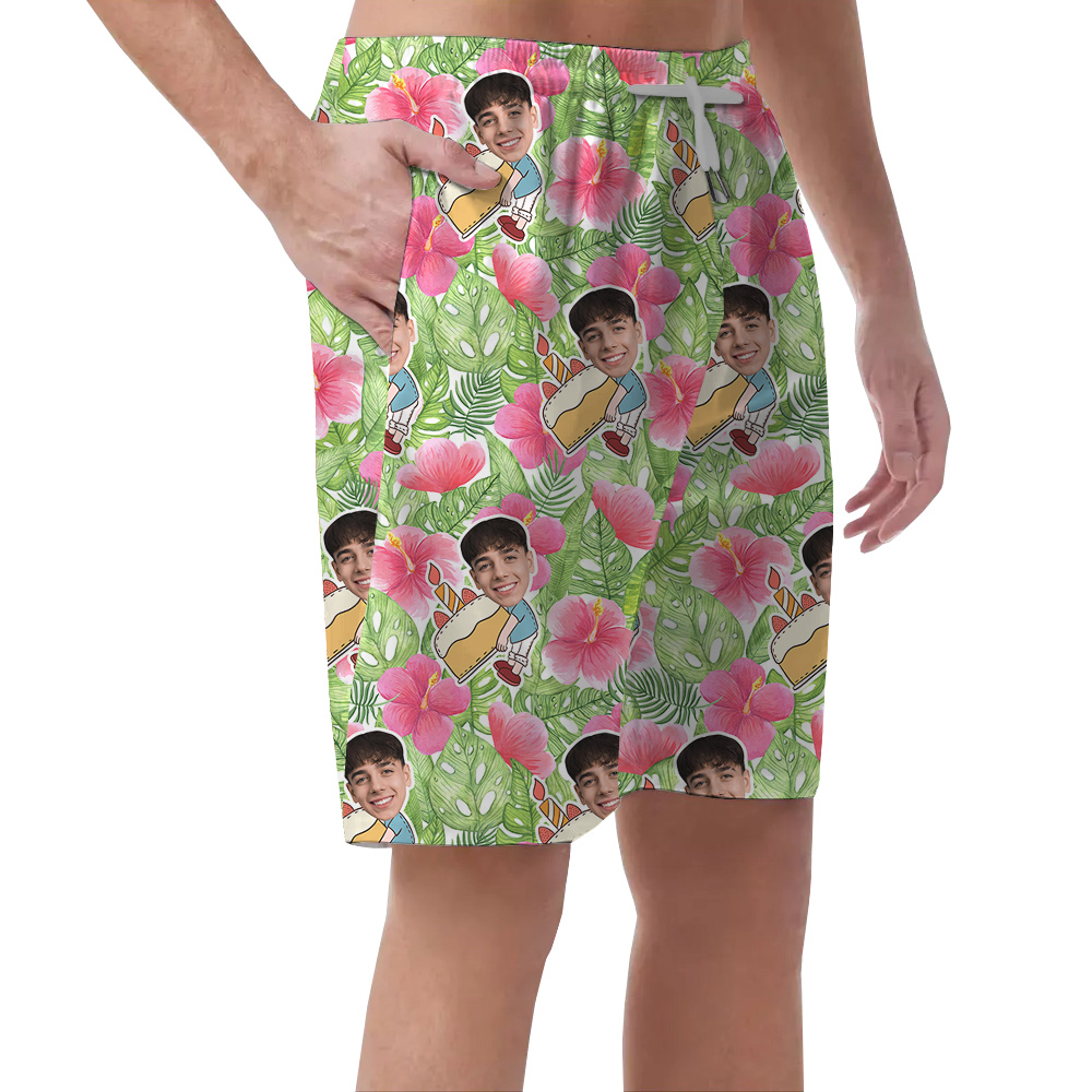 Custom Face Tropical Green Palm Hibiscus Birthday Hawaiian Men Short