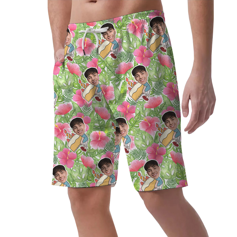 Custom Face Tropical Green Palm Hibiscus Birthday Hawaiian Men Short