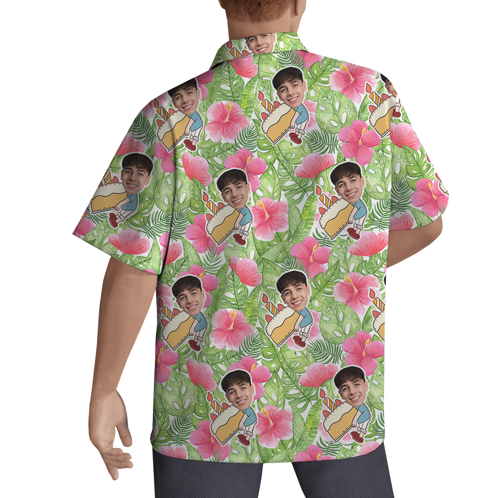 Custom Face Hibiscus on Green Palm Birthday Hawaiian Shirt for Men