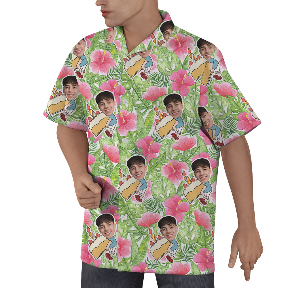 Custom Face Hibiscus on Green Palm Birthday Hawaiian Shirt for Men