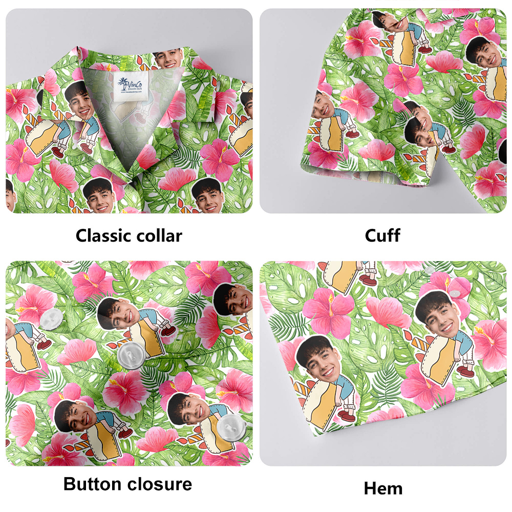 Custom Face Hibiscus on Green Palm Birthday Hawaiian Shirt for Men