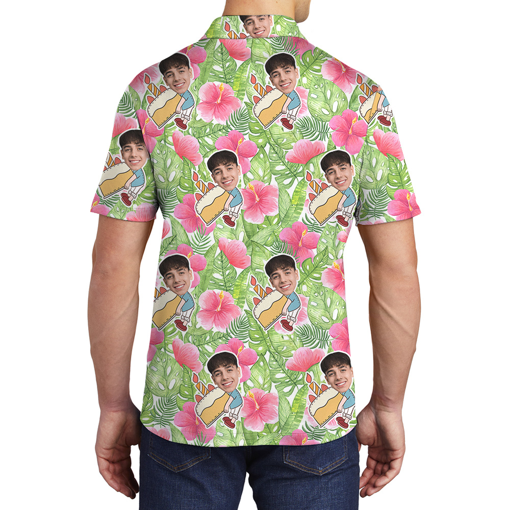 Custom Face Hibiscus on Green Palm Birthday Hawaiian Polo Shirt for Men