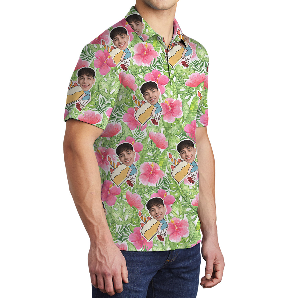 Custom Face Hibiscus on Green Palm Birthday Hawaiian Polo Shirt for Men