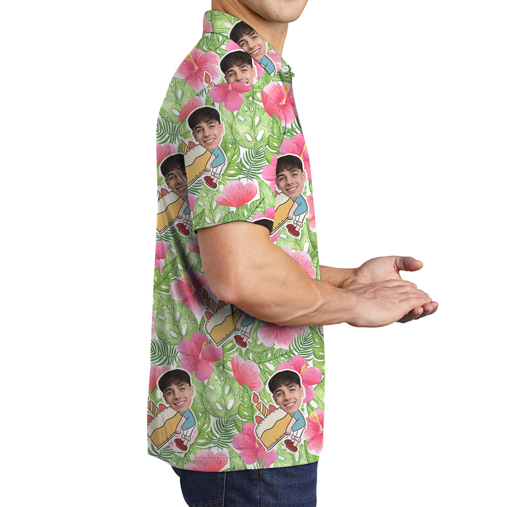 Custom Face Hibiscus on Green Palm Birthday Hawaiian Polo Shirt for Men