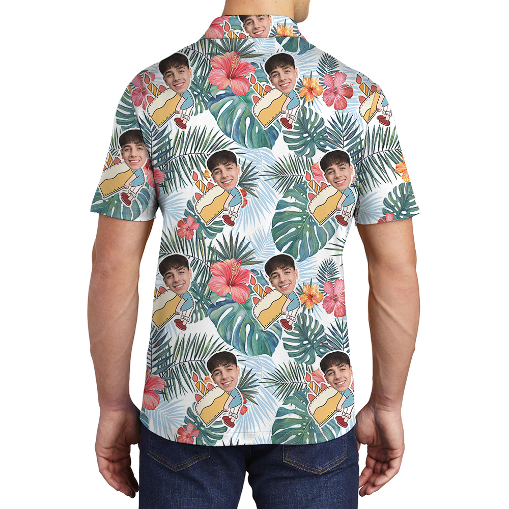 Infinity Blue Palm and Hibiscus Birthday Hawaiian Polo Men Shirt