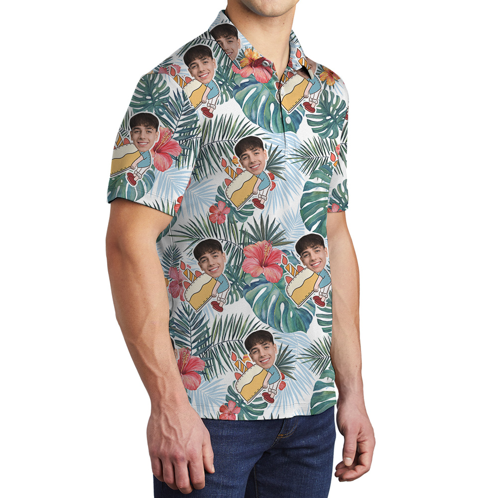 Infinity Blue Palm and Hibiscus Birthday Hawaiian Polo Men Shirt