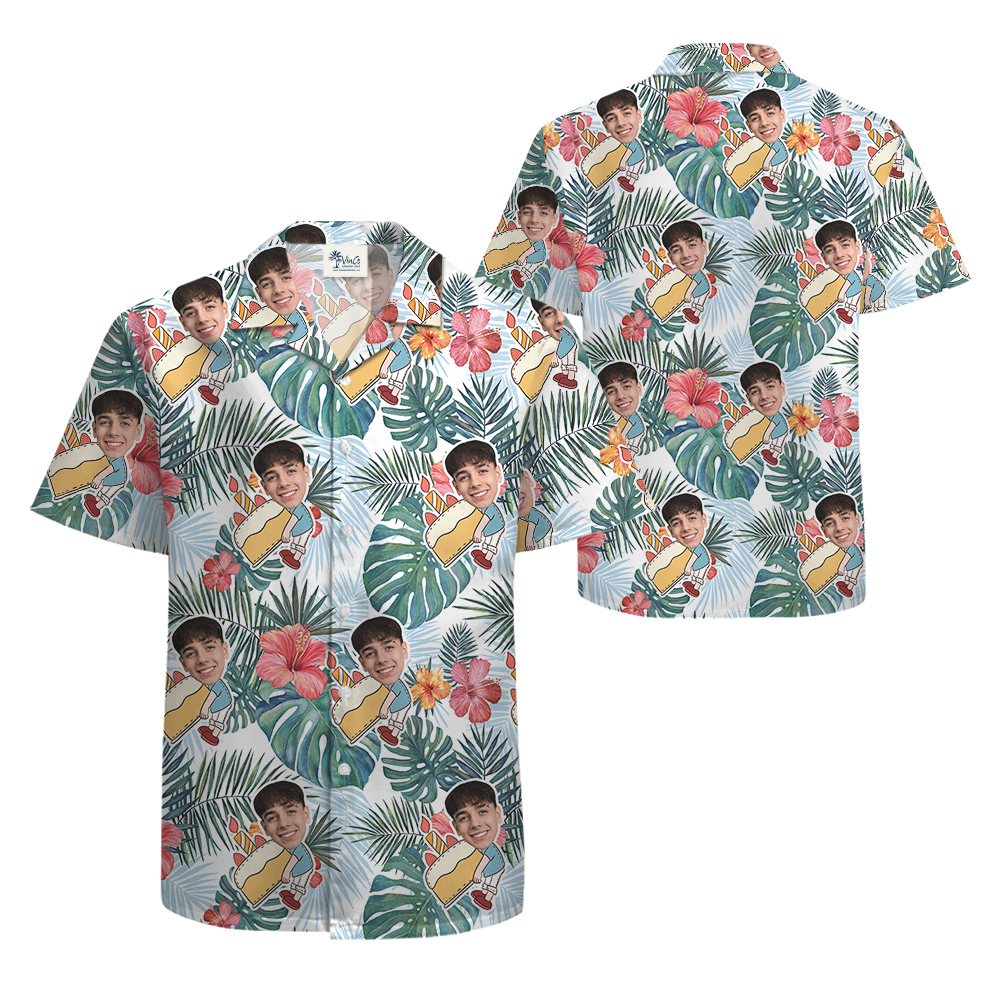 Infinity Blue Palm mixed Hibiscus Birthday Hawaiian Men Shirt