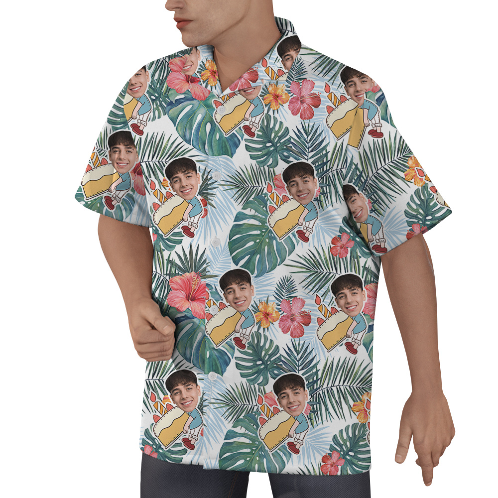 Infinity Blue Palm mixed Hibiscus Birthday Hawaiian Men Shirt