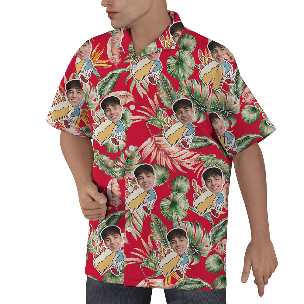 Custom Face and Age Tropical Flavor Red Birthday Hawaiian Shirt for Men