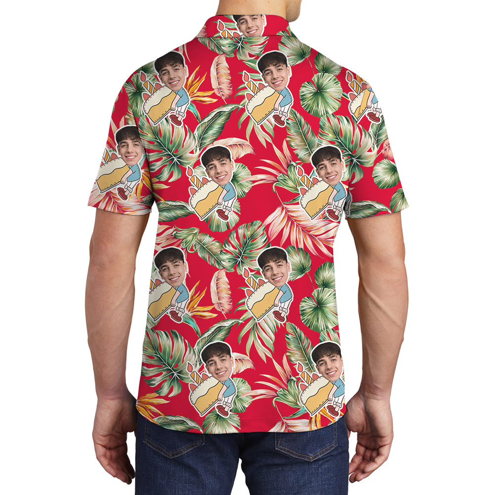 Custom Face and Age Red Birthday Hawaiian Polo Shirt for Men