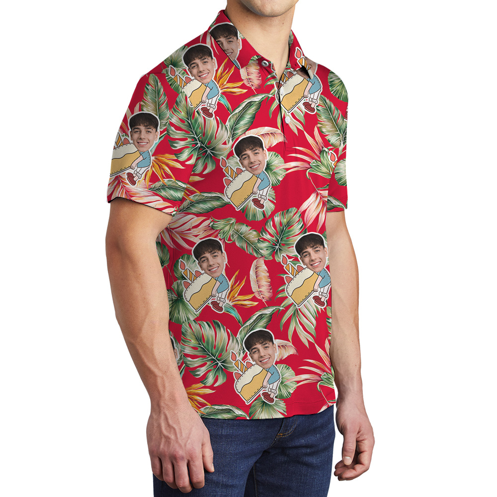 Custom Face and Age Red Birthday Hawaiian Polo Shirt for Men