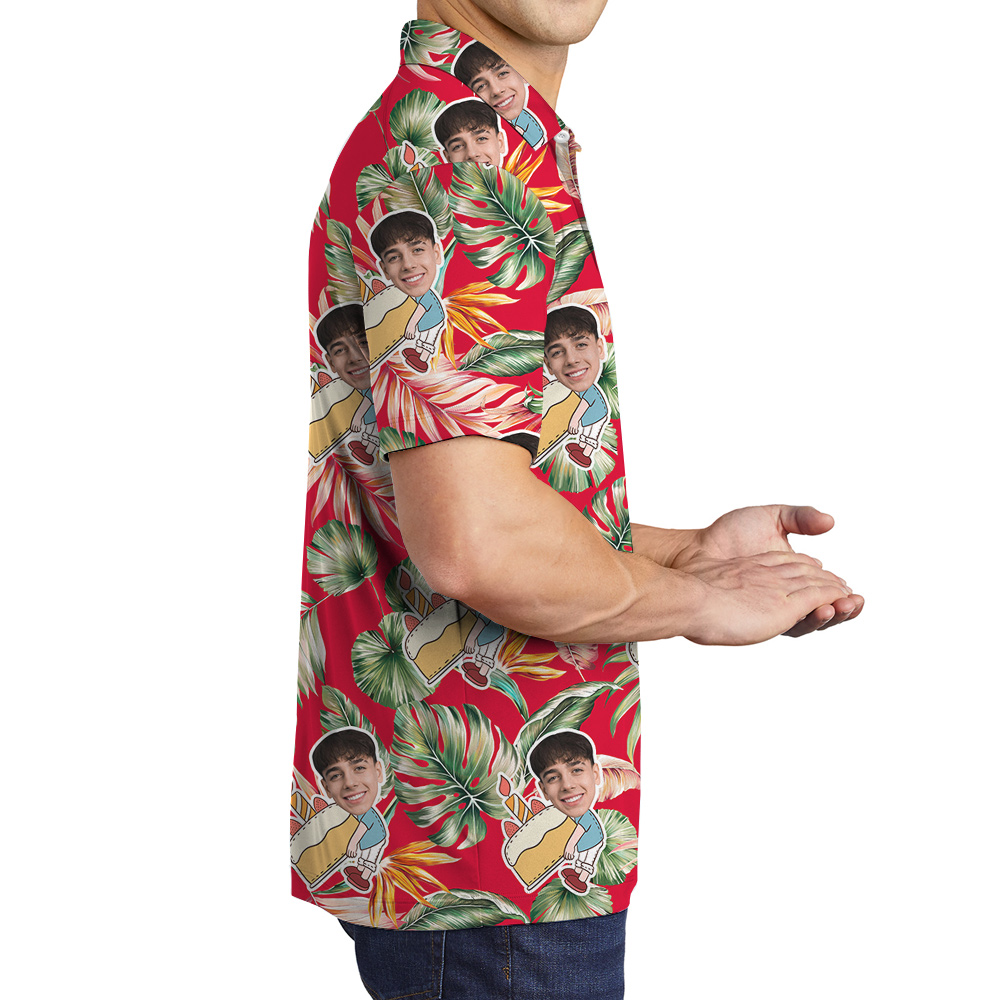 Custom Face and Age Red Birthday Hawaiian Polo Shirt for Men