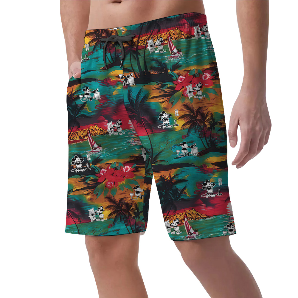 Funny Steamboat Willie Mickey Tropical Palm Trees Hawaiian Beach Shorts