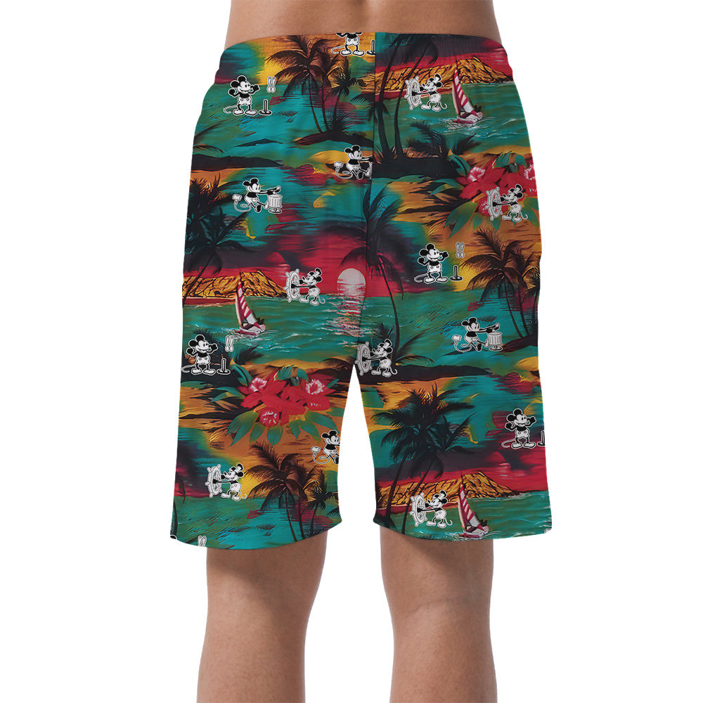 Funny Steamboat Willie Mickey Tropical Palm Trees Hawaiian Beach Shorts