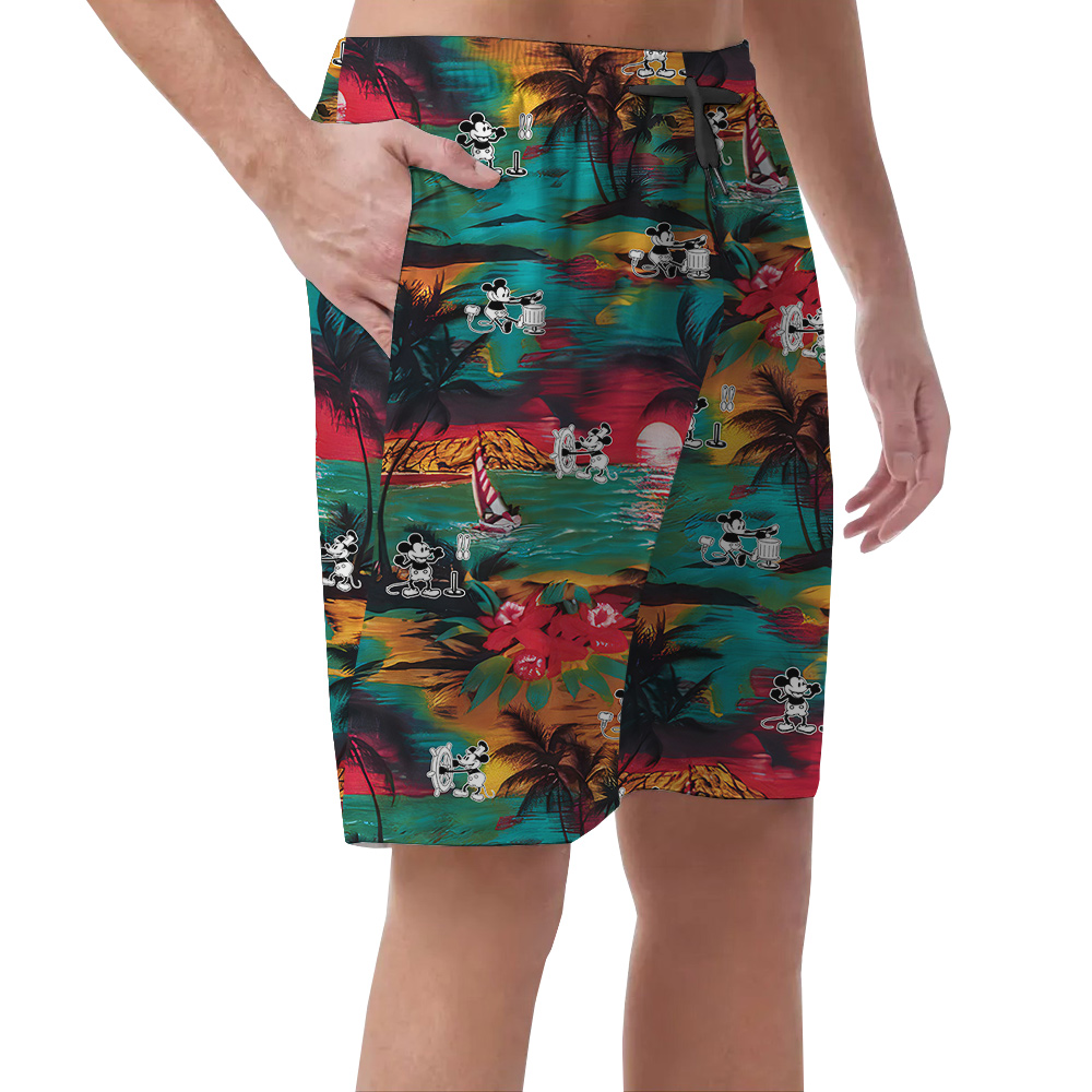 Funny Steamboat Willie Mickey Tropical Palm Trees Hawaiian Beach Shorts