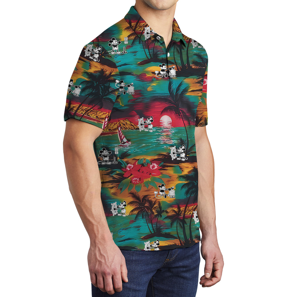 Tropical Beach Steamboat Willie Mickey Mouse Colorful Hawaiian Polo Shirt