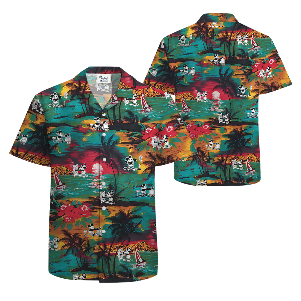 Cute Mickey Steamboat Willie Tropical Sunset Beach Hawaiian Shirt