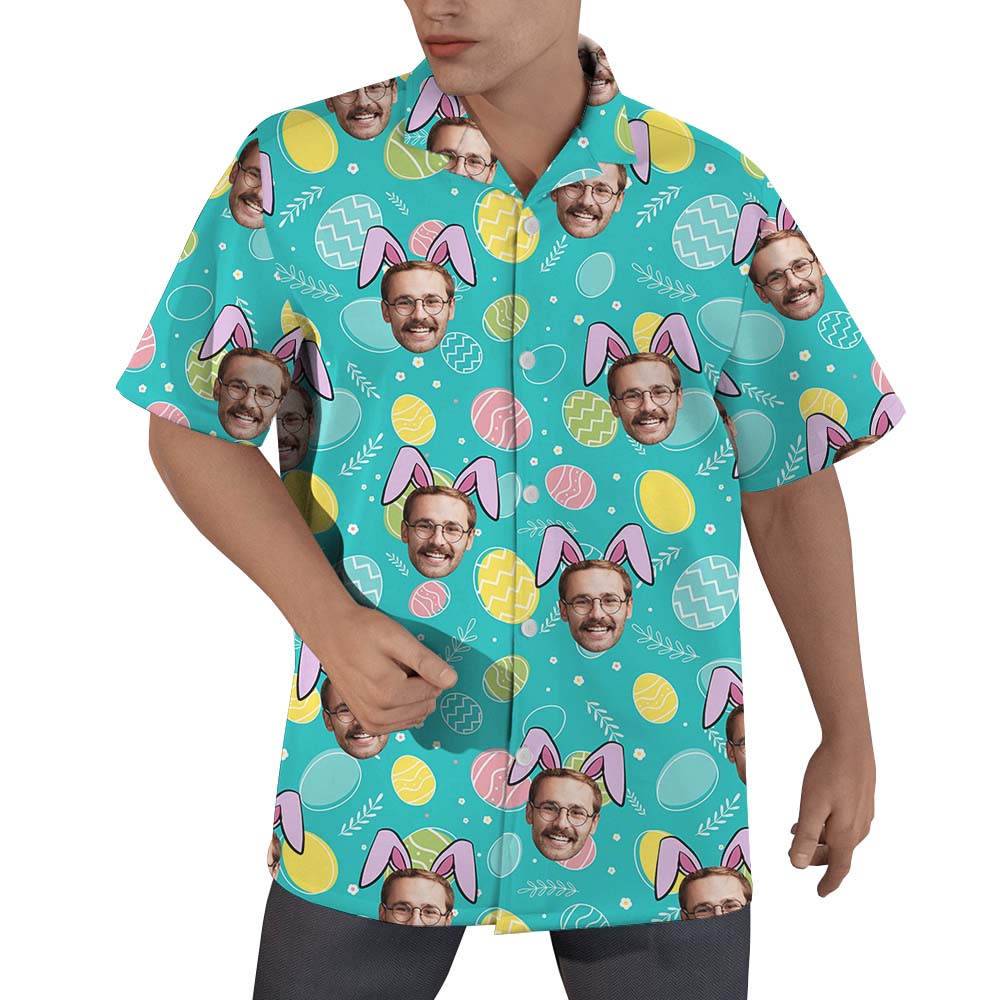 Blue Easter Bunny Button Up Shirt With Faces - variant image 1