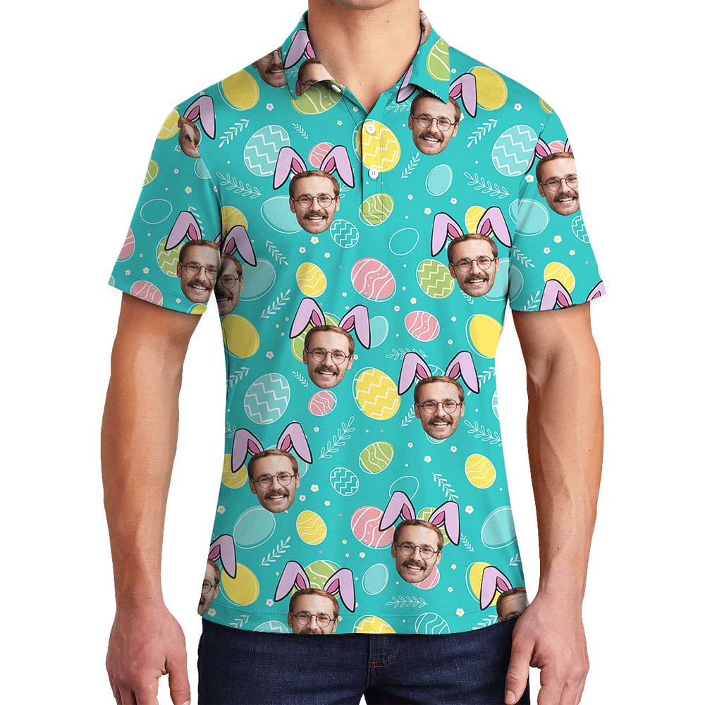 Custom Face Bunny Men's Collared Shirt Blue - variant image 1