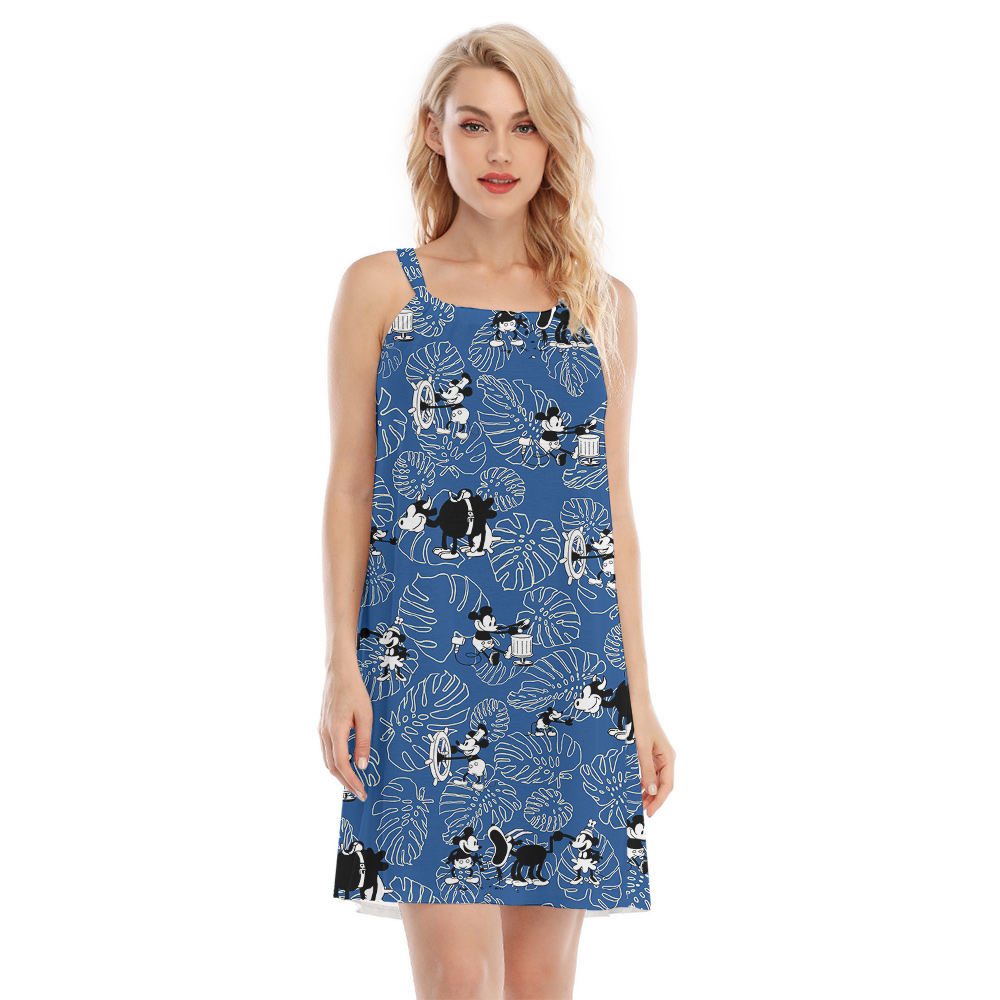 Cute Mickey Steamboat Willie Classic Tropical Leave Blue Hawaiian Dress - variant image 1
