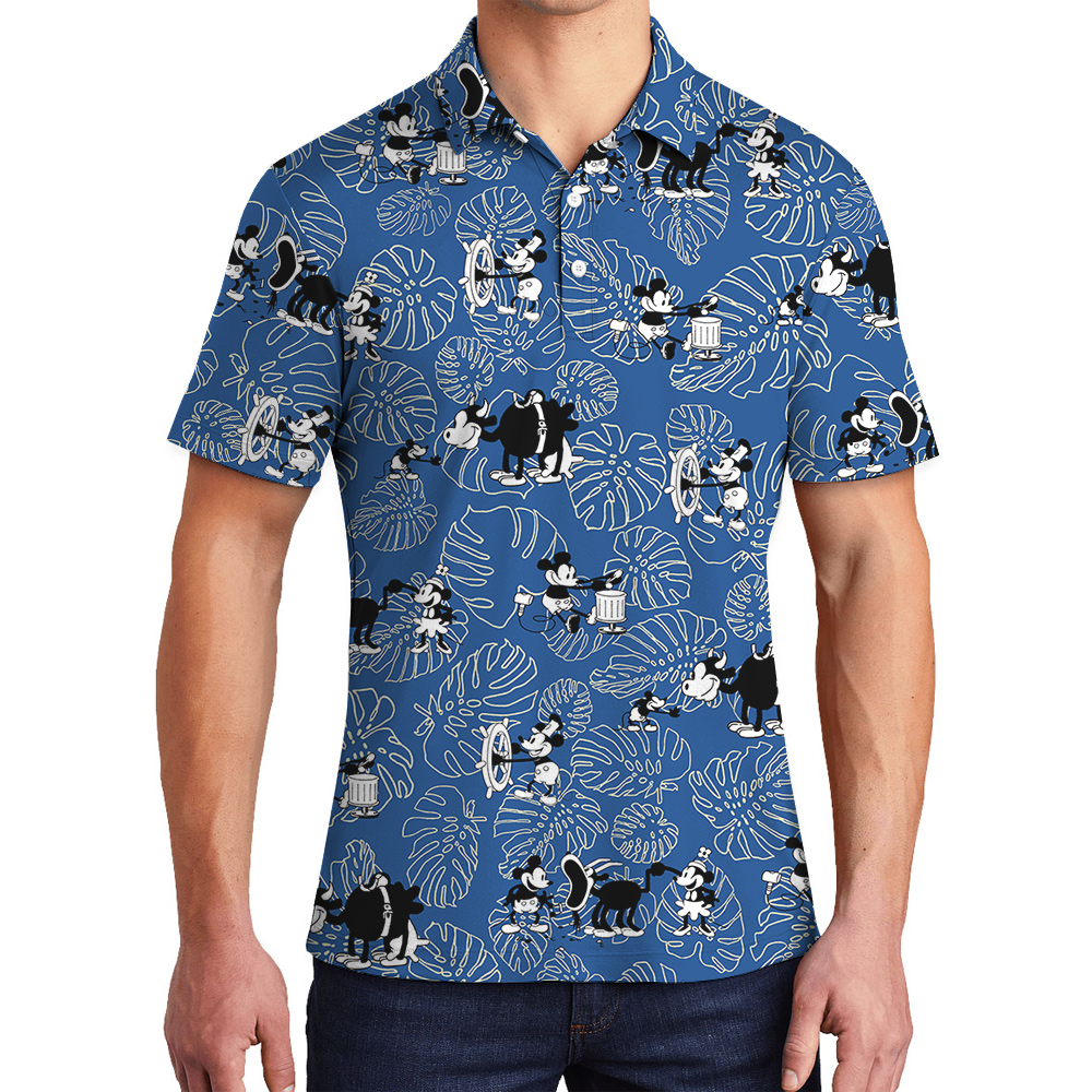Tropical Leave Classic Mickey Steamboat Willie Blue Hawaiian Polo Shirt - variant image 1