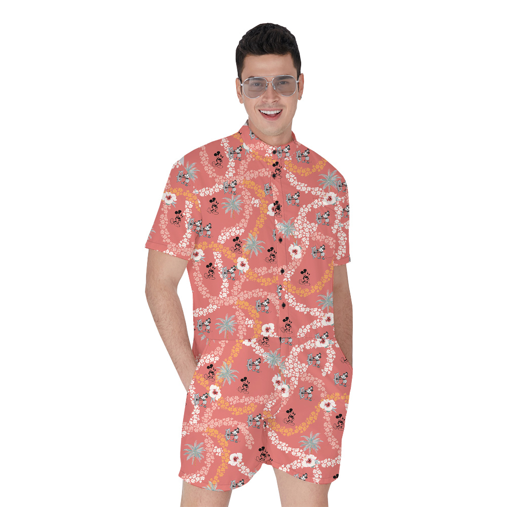 Cute Mickey Steamboat Willie Floral Classic Hawaiian Romper For Men - variant image 1