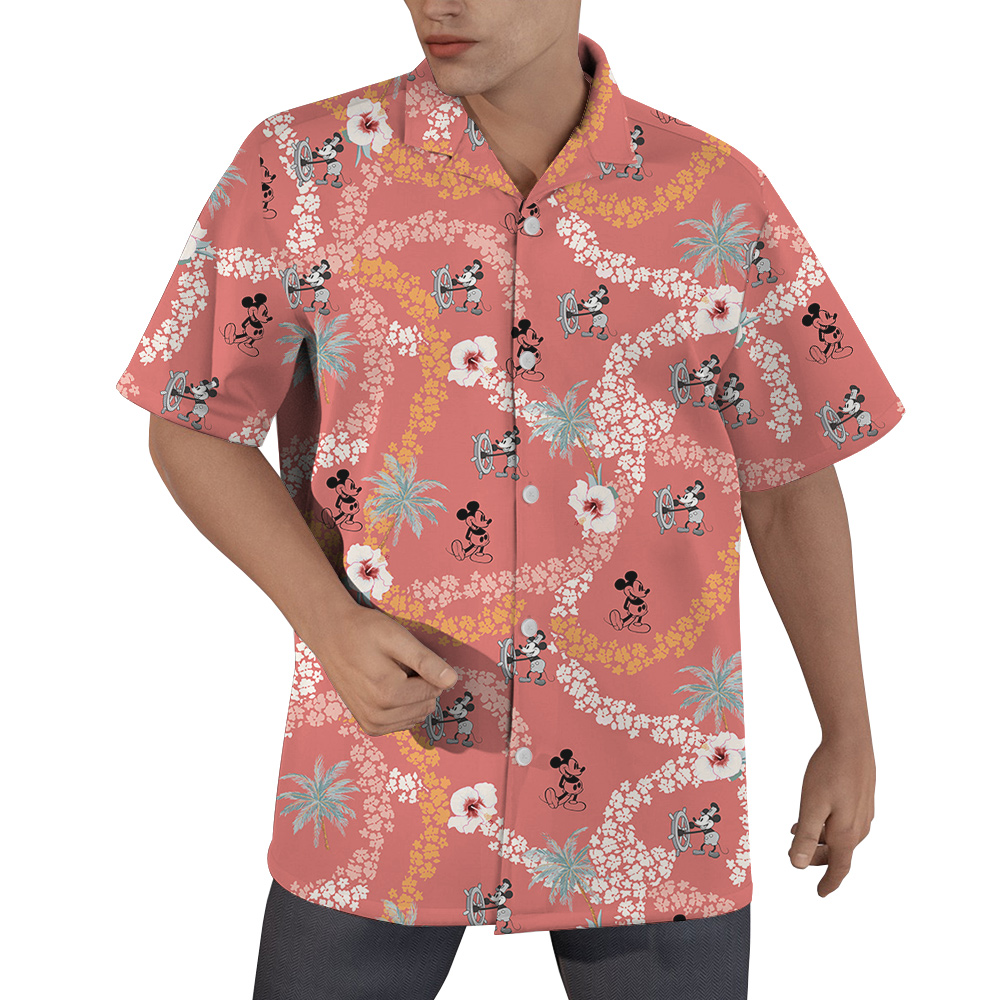 Cute Mickey Steamboat Willie Vintage Floral Pink Hawaiian Shirt - variant image 1