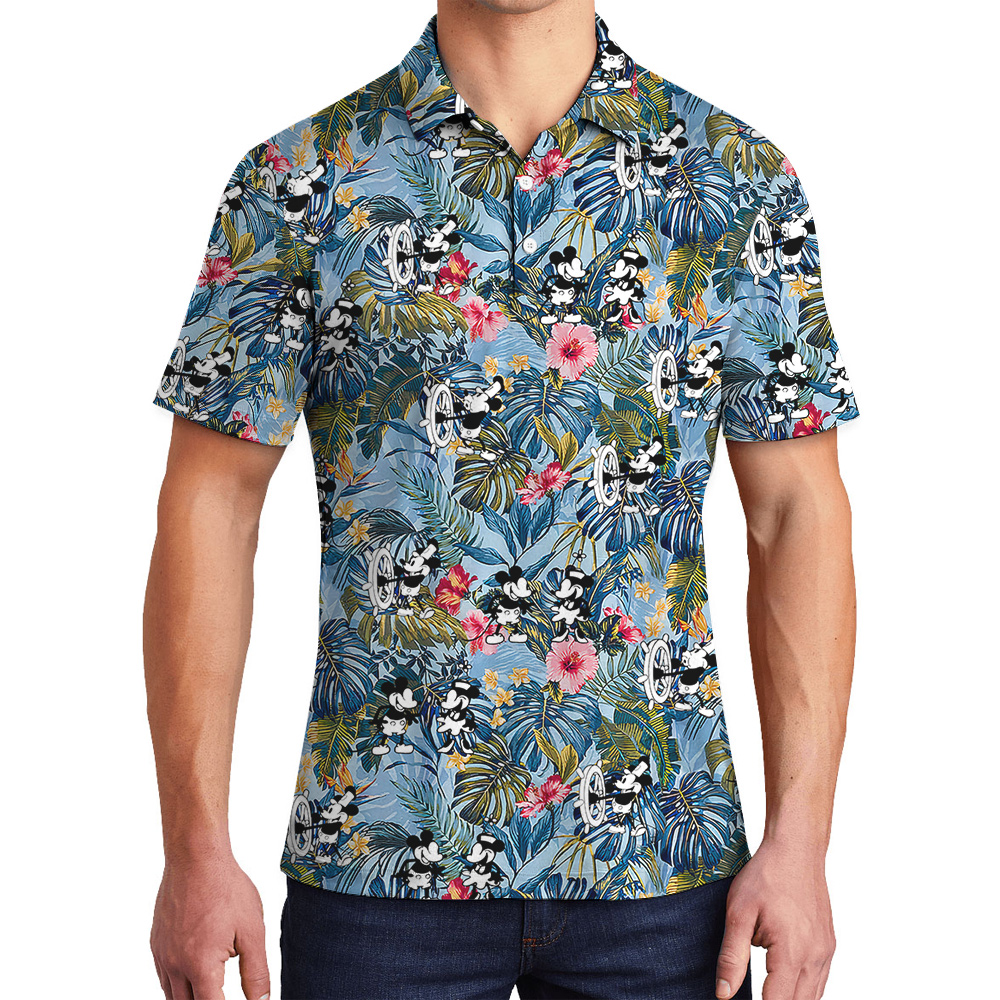 Cute Mickey Steamboat Willie 1928 Blue Floral Hawaiian Polo Shirt - variant image 1