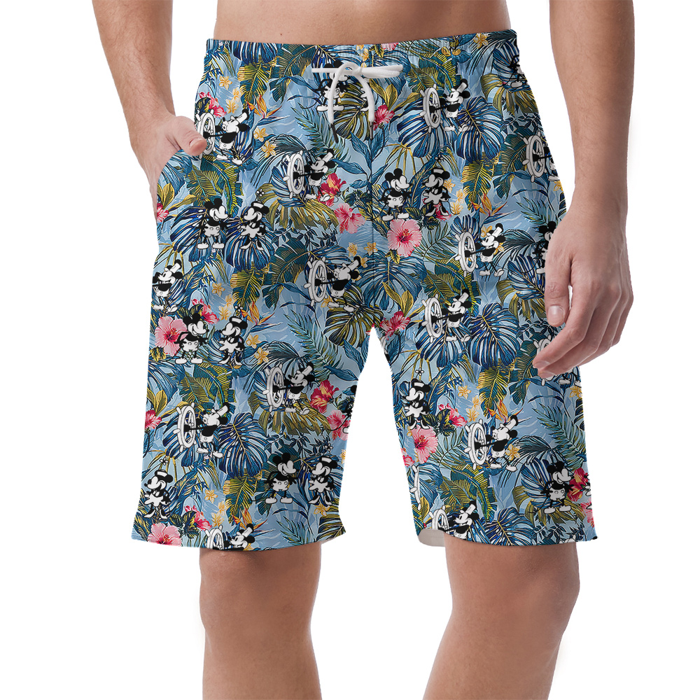 Floral Mickey Steamboat Willie Blue Hawaiian Beach Shorts For Men - variant image 1