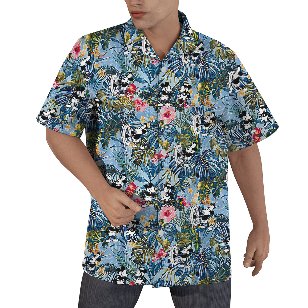Steamboat Willie Mickey Floral Blue Hawaiian Shirt - variant image 1