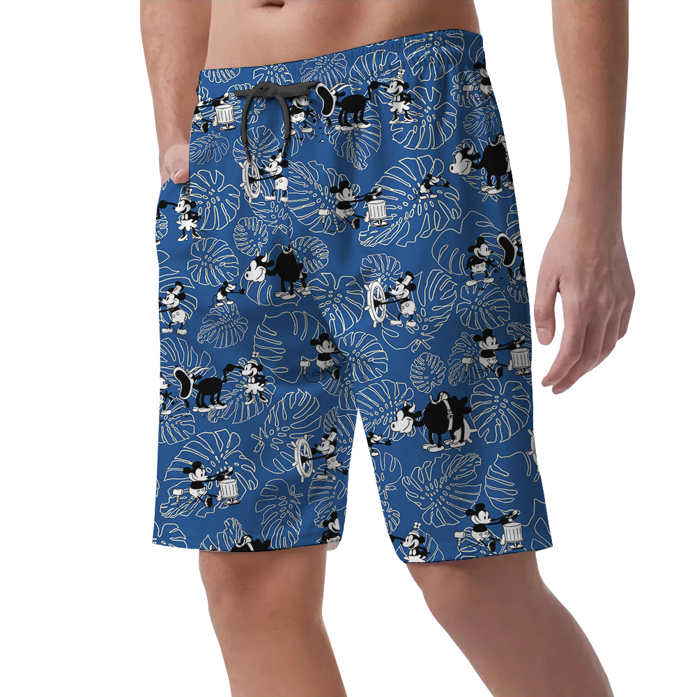 Classic Mickey Steamboat Willie Blue Hawaiian Summer Shorts For Men