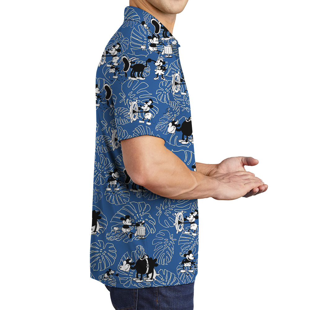 Tropical Leave Classic Mickey Steamboat Willie Blue Hawaiian Polo Shirt