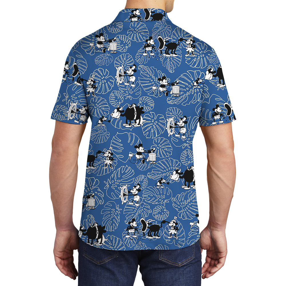 Tropical Leave Classic Mickey Steamboat Willie Blue Hawaiian Polo Shirt
