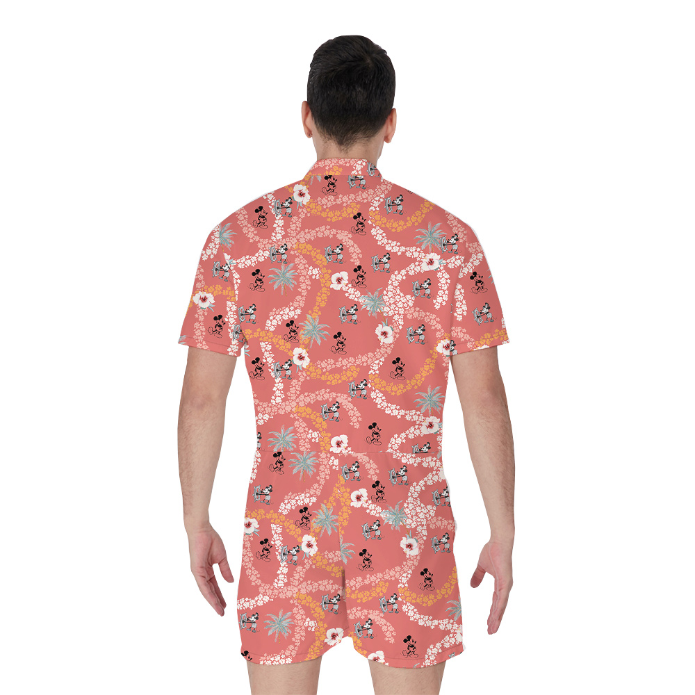 Cute Mickey Steamboat Willie Floral Classic Hawaiian Romper For Men